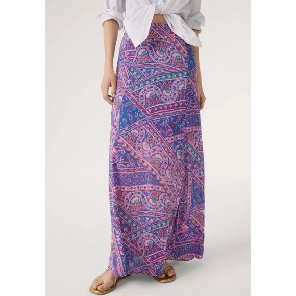 ba&sh Blossom Fanessa Maxi Skirt Blue & Pink Batik Floral Print Size 1 Small - Picture 13 of 16